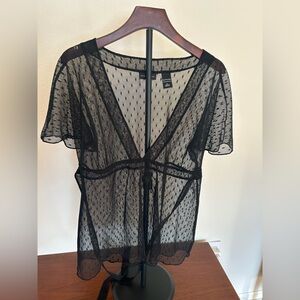 New York & Company Black Mesh Polka Dot Top